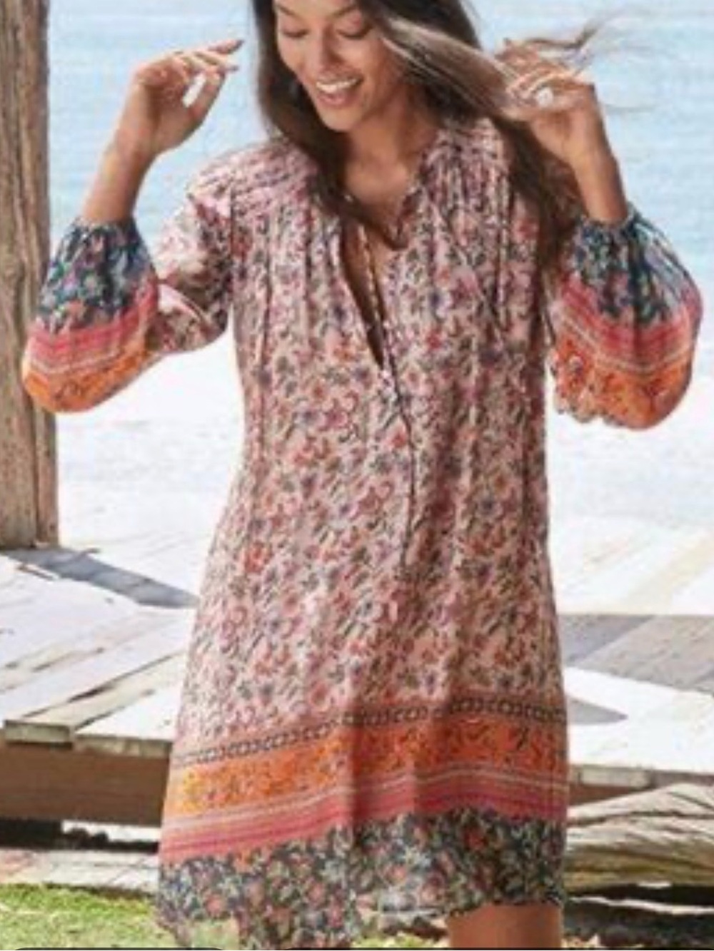 Johnny Was Jade Maha Mini Dress Tunic Smocked Long Sleeve Floral with Border - Picture 2 of 11